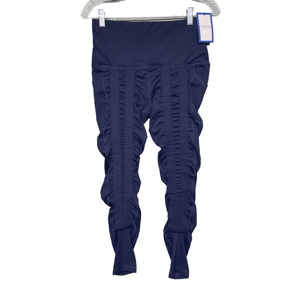 NWT Sweetflexx Resistance Training Leggings Navy Blue Ruched Yoga Pants Sz 10
